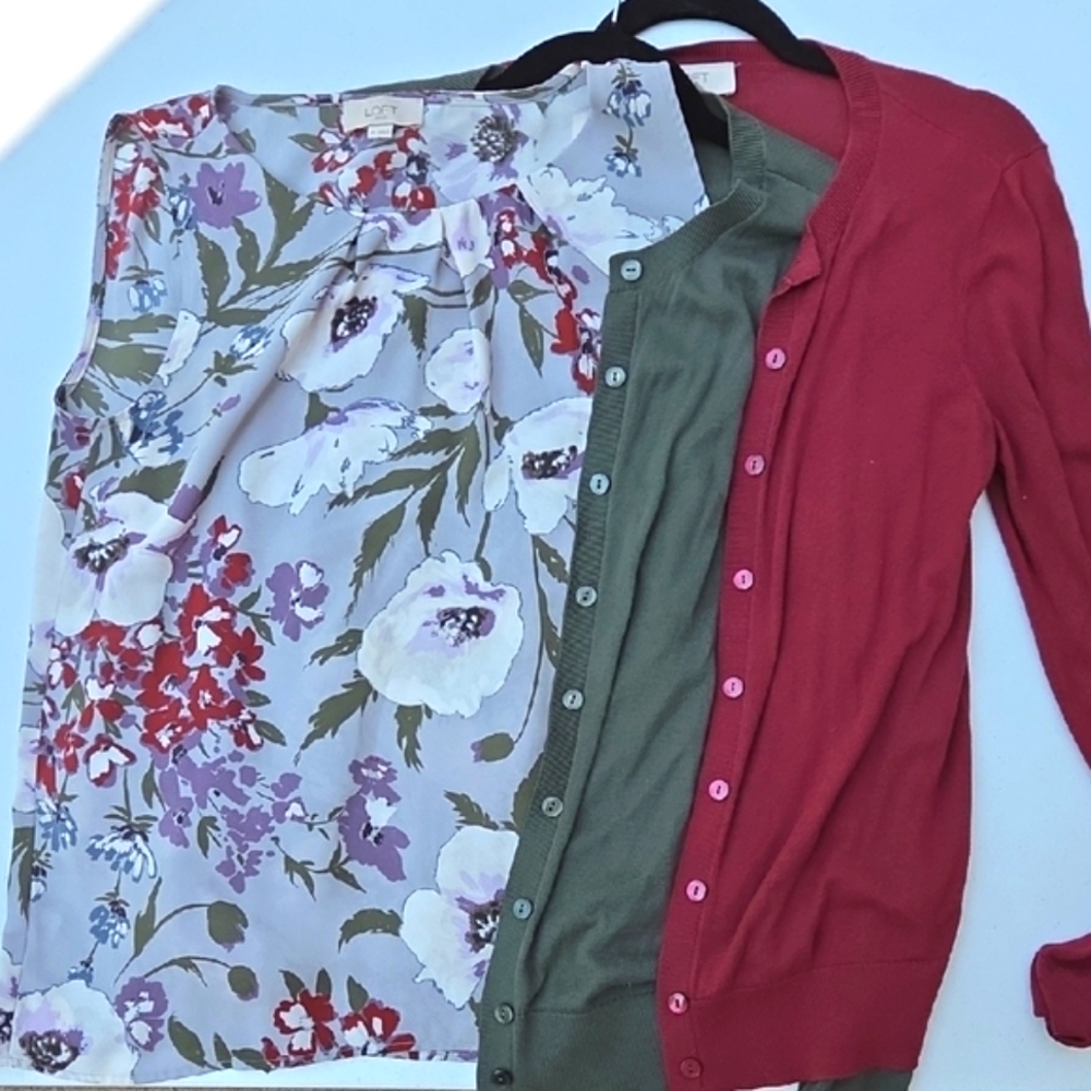 Lot of LOFT Floral Blouse with Matching Red and Olive Cardigans